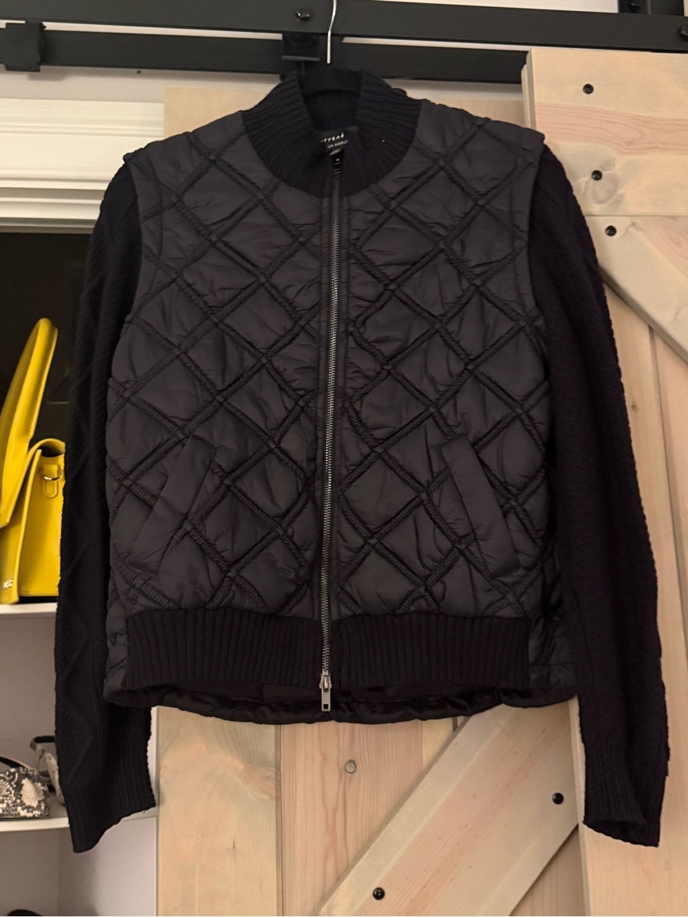 Current Air Black Quilted Bomber Jacket with Knit Sleeves